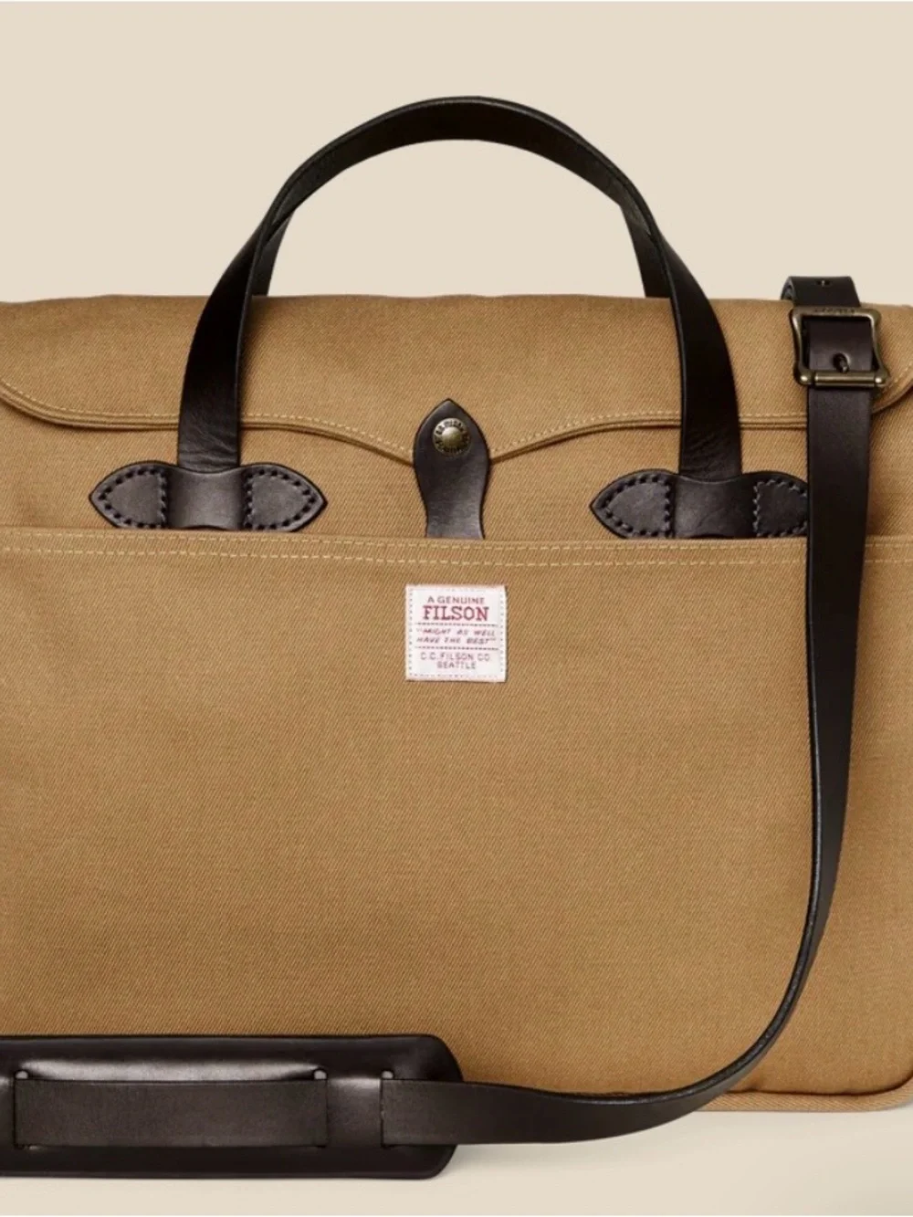 Filson Tan Canvas Briefcase with Brown Leather Trim